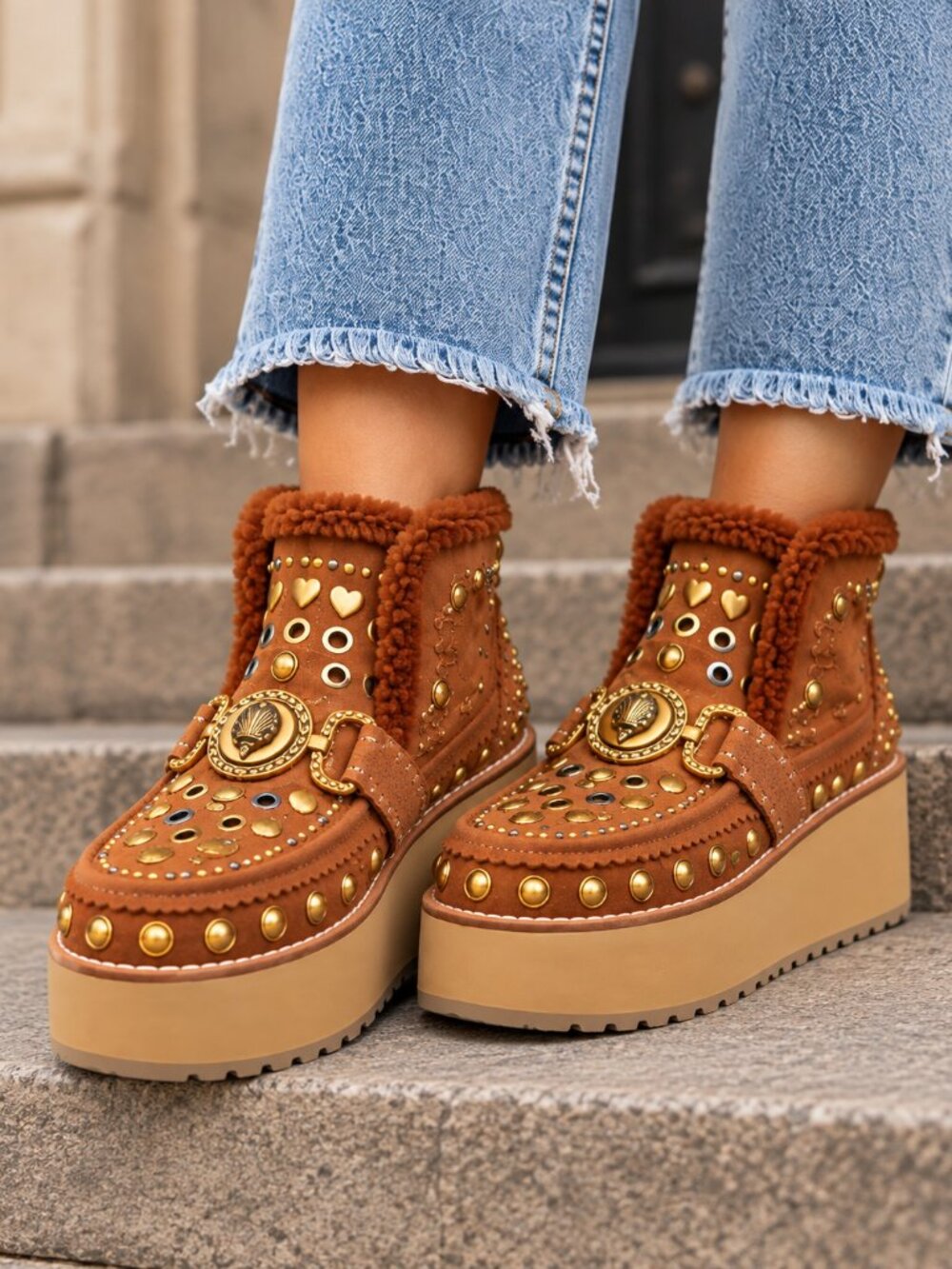 Kurt Geiger London Mansion Cosy Studded Suede Platform Ankle Boots Brown EU 36.5